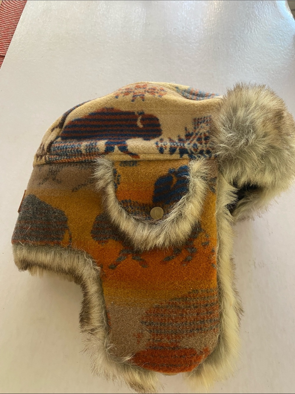 Pendleton Wool Trapper Hat Buffalo Western Faux Fur Ear Flaps Medium - Picture 5 of 11
